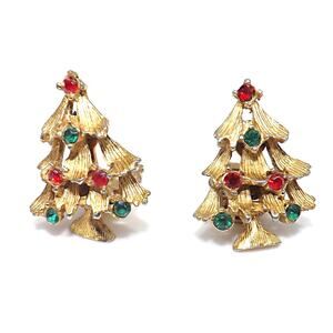 Vintage Christmas Tree Clip Earrings Gold Tone Red Green Rhinestones 1950s